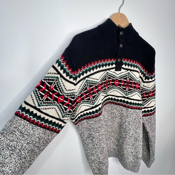 Chaps Ralph Lauren Mock Neck Fair Isle Ski Grandpa Cotton Sweater EUC Large - Picture 2 of 9